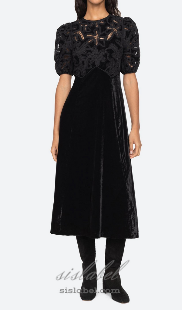 Velvet Puff Sleeve Embroidered Midi Dress in black