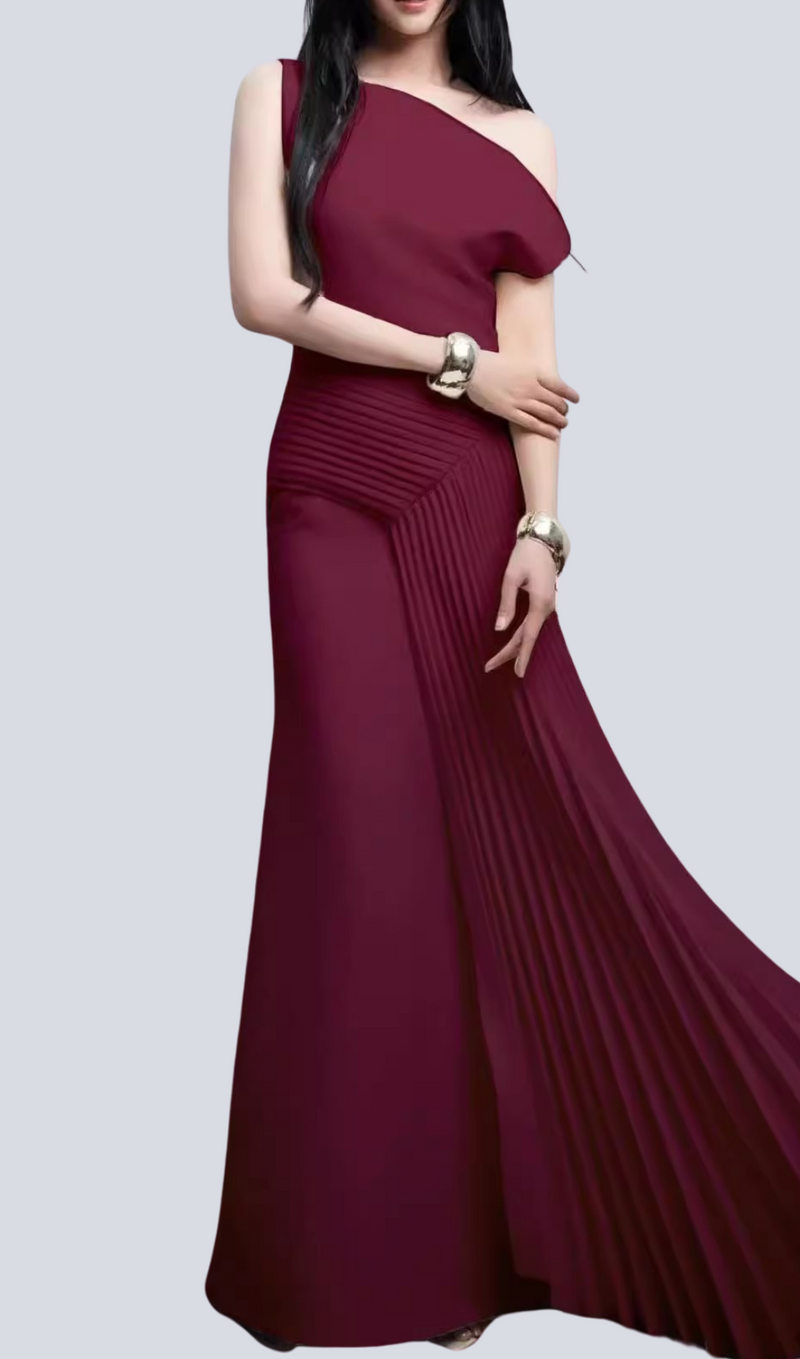 red ruched draped Asymmetric maxi dress