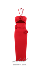 Flower Halter Cut Out Dress in red