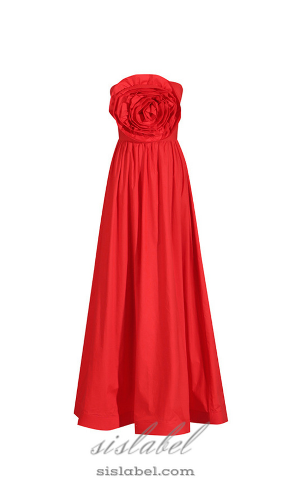 OFF-SHOULDER 3D FLOWER CHIFFON MAXI DRESS IN RED