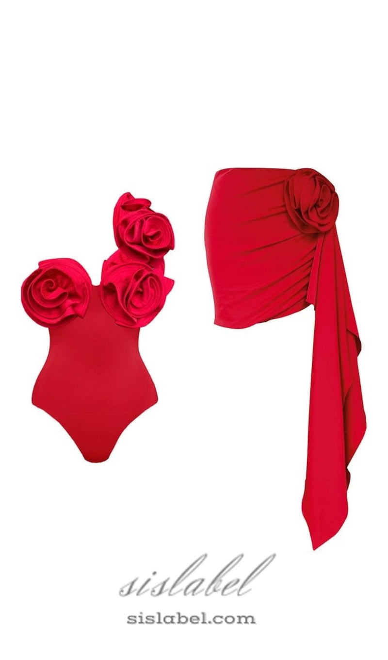 FLOWER SHOULDER SWIMSUIT IN RED