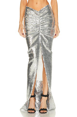 SEQUIN SLIT TWO-PIECE SUIT IN METALLIC SILVER