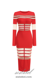 DORIS LONG SLEEVES MESH INSERT MIDI DRESS IN RED