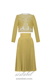 draped top pleat skirt set in yellow