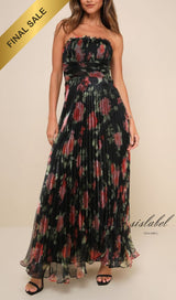 Black Floral Pleated Organza Maxi Dress