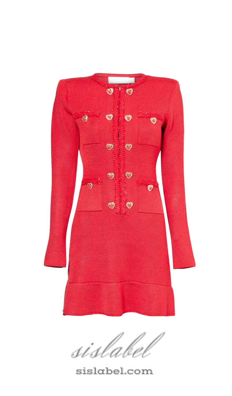 BETTY PATCH-POCKET ROUND-NECK KNITTED MINI DRESS IN RED