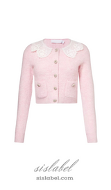 Fluffy ribbed-knit stretch-woven blend cardigan in pink