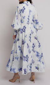 lantern sleeve floral print maxi dress in blue