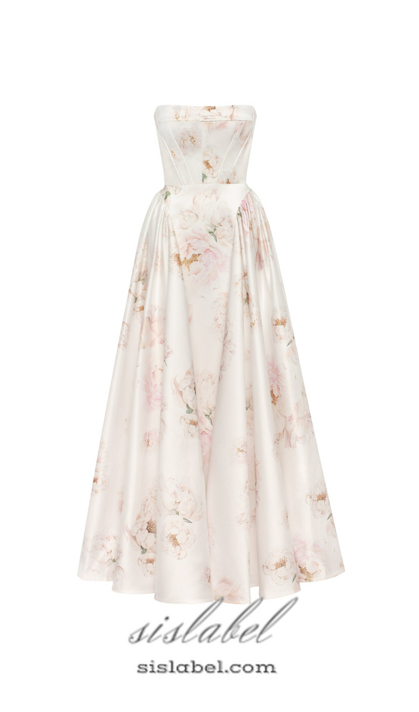 LETITIA PINK  PEONY STRAPLESS MAXI DRESS