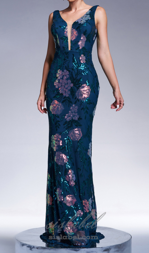 sleeveless sequin print maxi dress in dark green