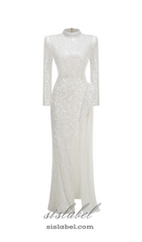 YVETTE PEARL EMBELLISHED SEQUIN MAXI DRESS IN WHITE