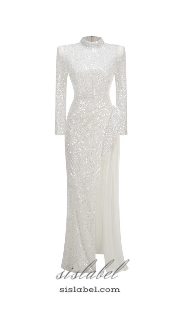 YVETTE PEARL EMBELLISHED SEQUIN MAXI DRESS IN WHITE