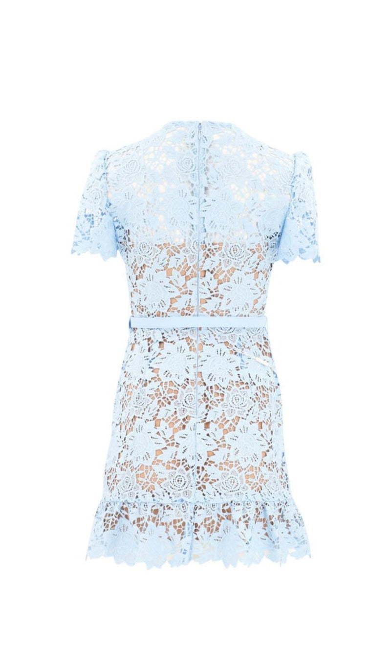 LIGHT BLUE LACE PEPLUM MINI DRESS