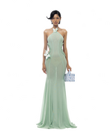 Butterfly Slip Halterneck Tulle maxi Dress in Green