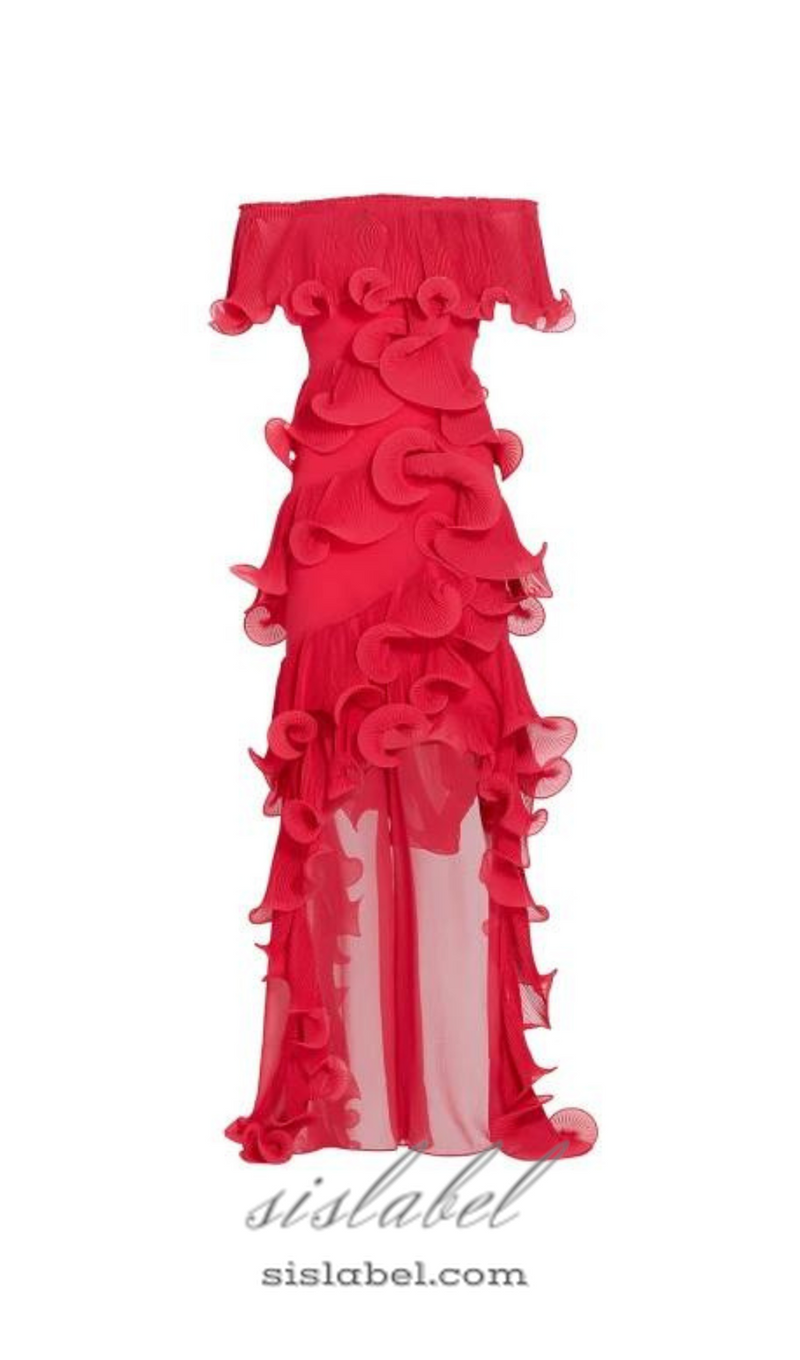 DORA ROSE RED OFF-SHOULDER PLEATED ORGANZA MAXI DRESS