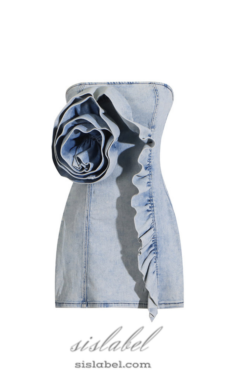 ALISON BLUE RUFFLED TRIM STRAPLESS DENIM MINI DRESS