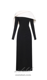 black maxi dress with draped asymmetrical shoulder pleat