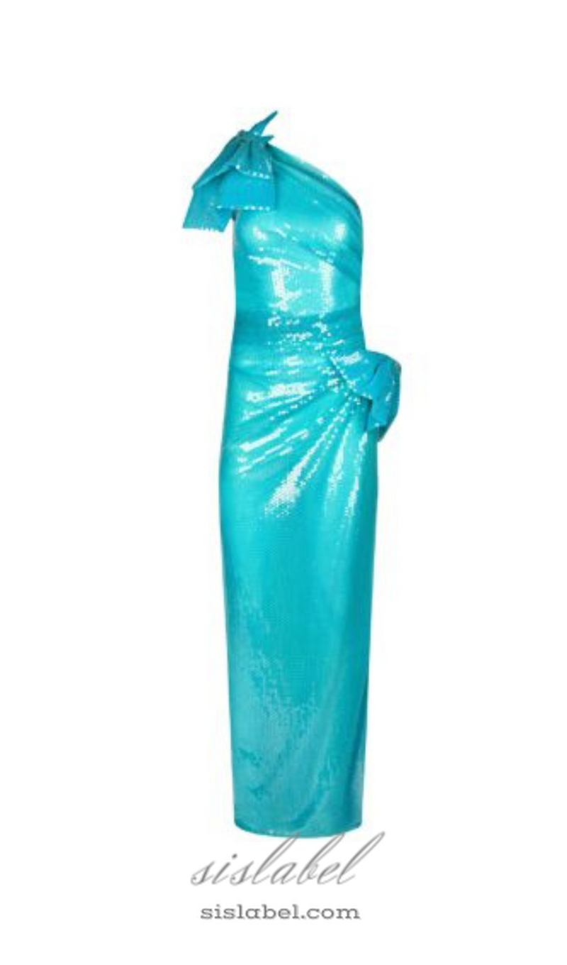 One Shoulder Bow Sequin Maxi Dress in blue