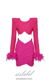 JENNIFER LONG SLEEVE FEATHER MESH BANDAGE SET IN PINK