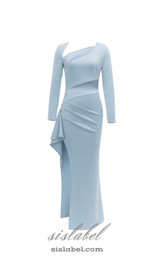 CLARA HIGH SLIT PATCHWORK BODYCON MAXI DRESS IN PALE BLUE