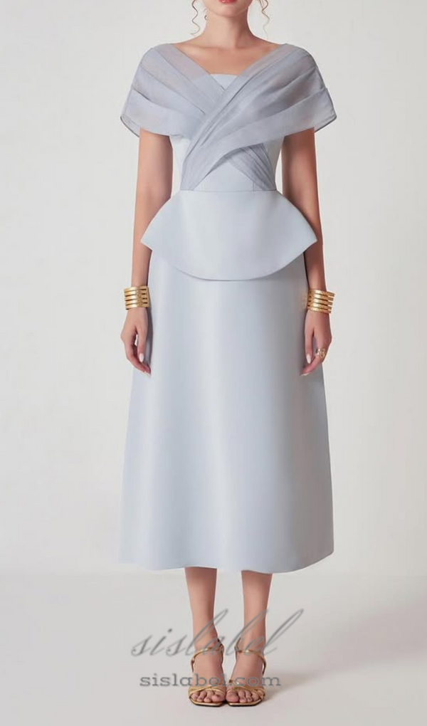 mesh patchwork midi dress in light grey