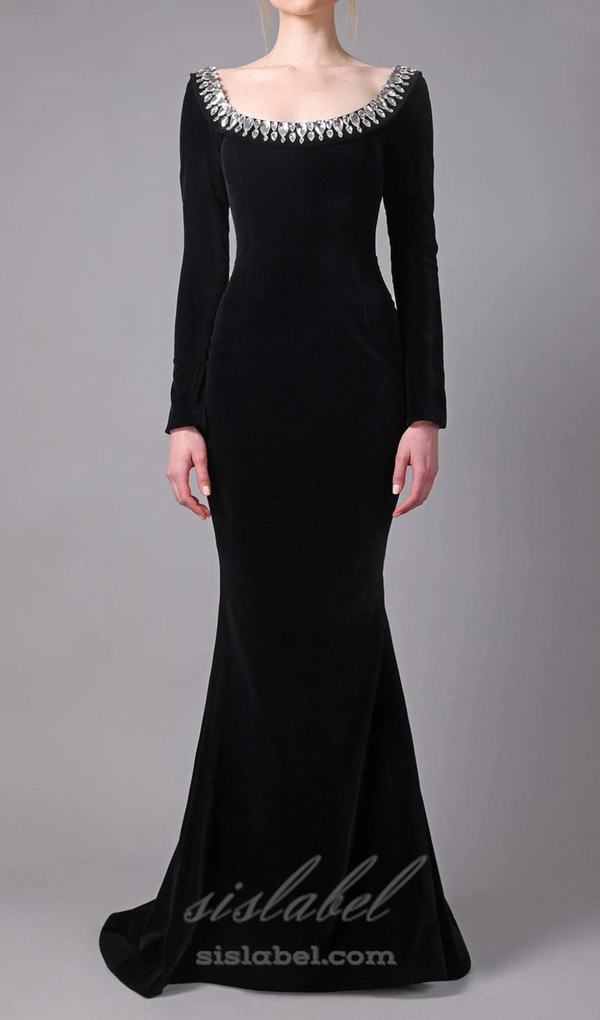 black crepe gown with crystal neckline