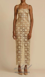 AGNES GOLD LACE CROCHET CUTOUT MIDI DRESS