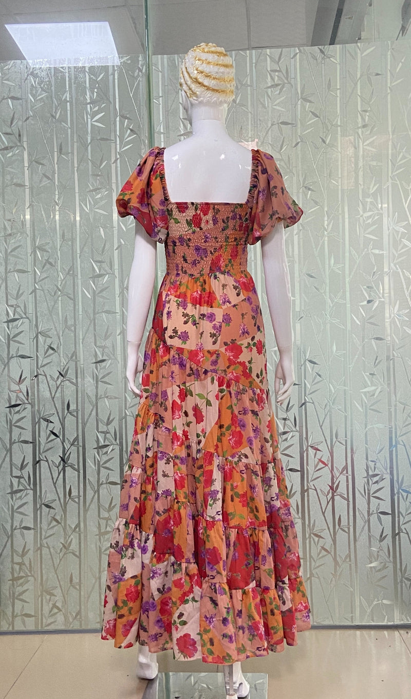 PUFF SLEEVE FLORAL PRINTED MAXI DRESS