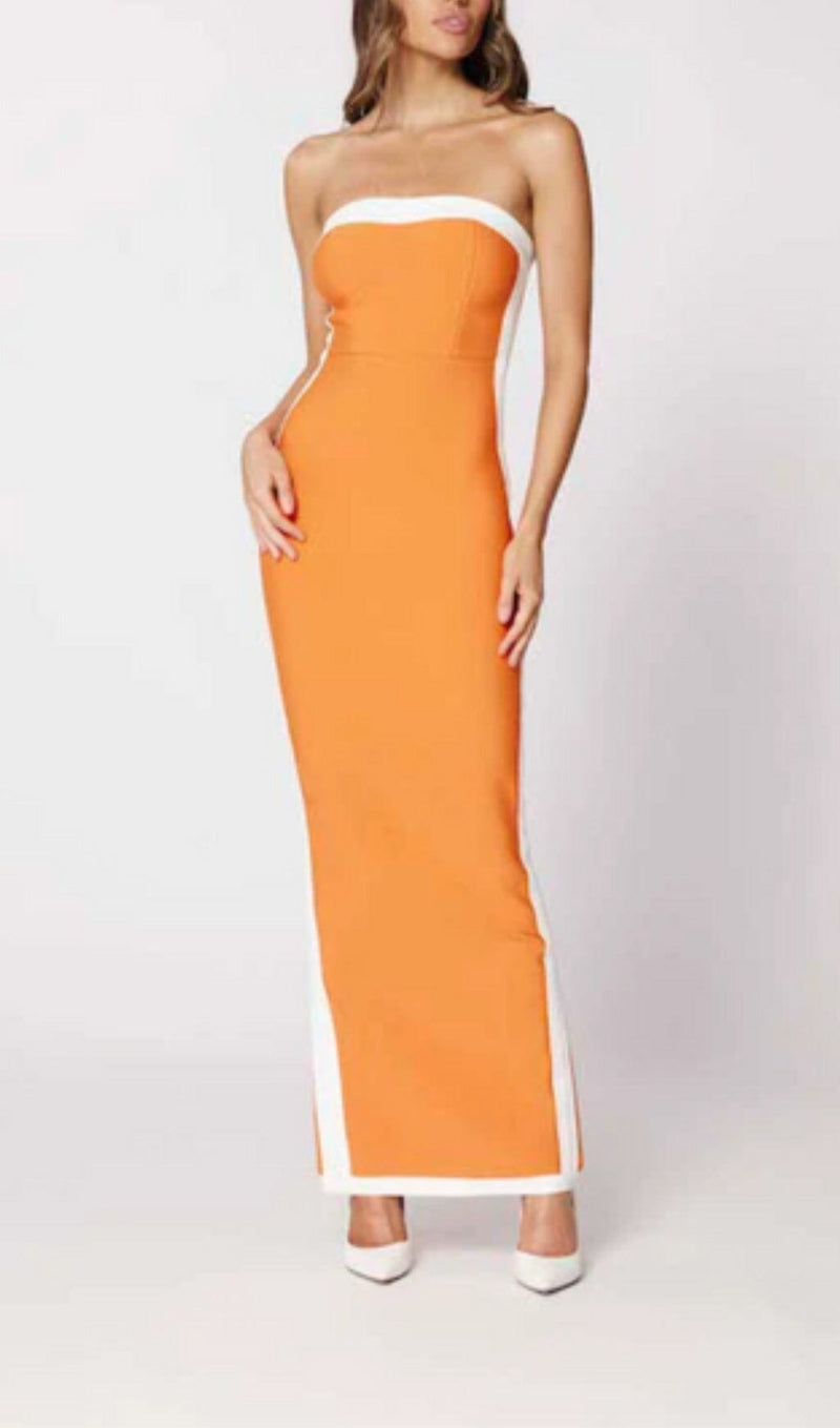 STRAPLESS SLIT MAXI BANDAGE DRESS