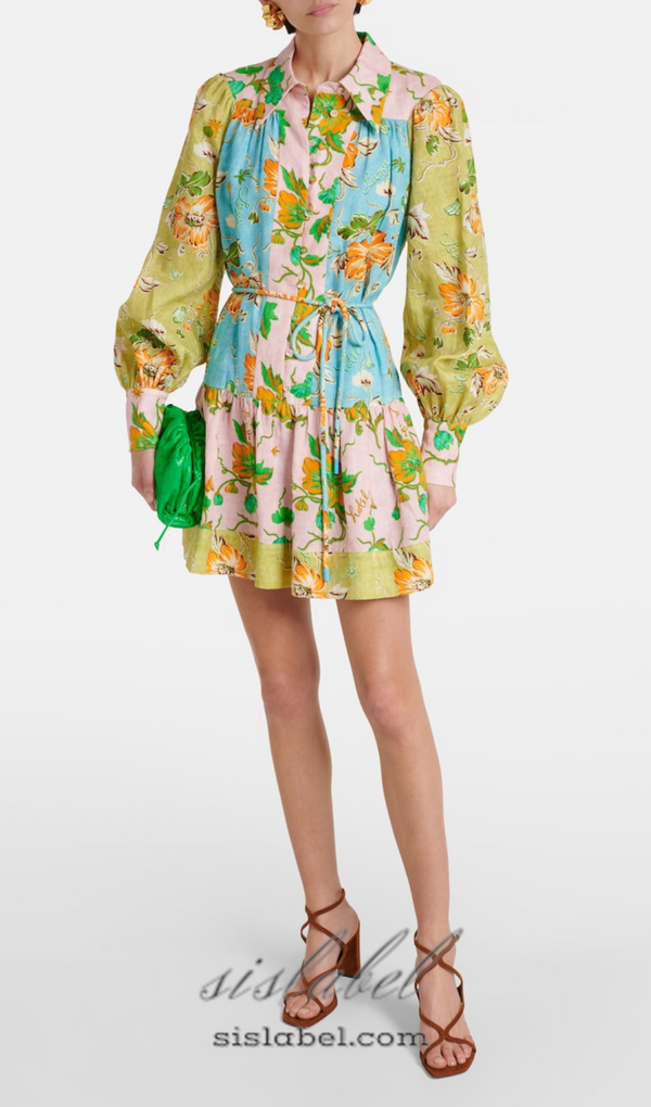 DONNA PRINTED COLORBLOCKED LINEN SHIRT DRESS