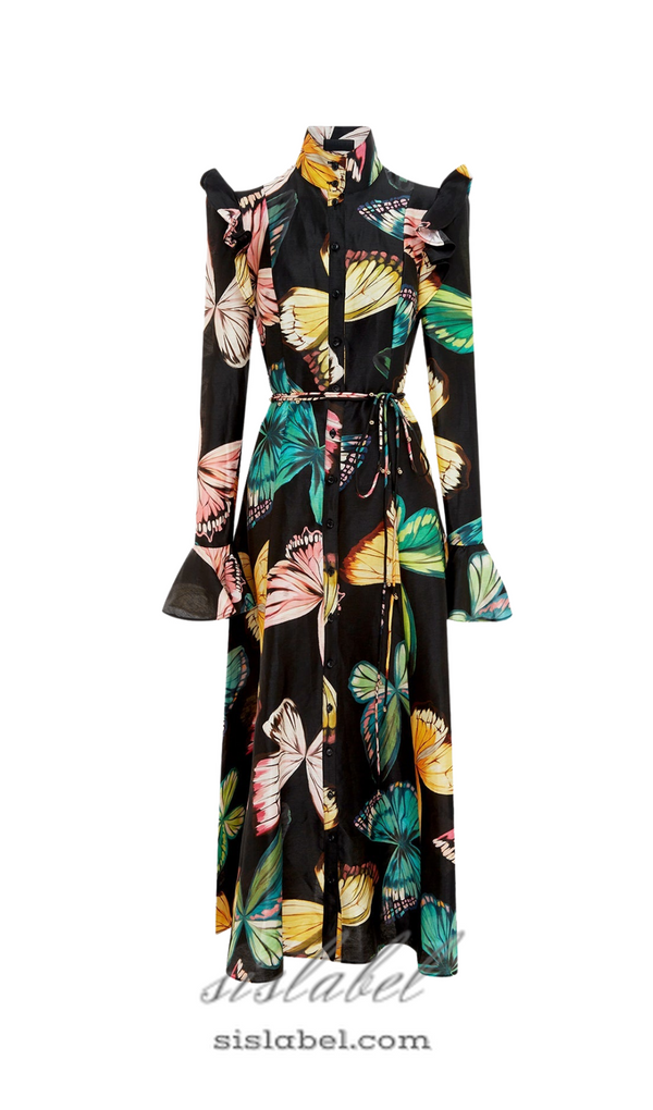 BUTTERFLY SLEEVE PAPILLON PRINT MIDI DRESS IN BLACK