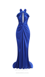 BEVERLY BRAID EMBELLISHED RUCHED HALTER GOWN IN BLUE