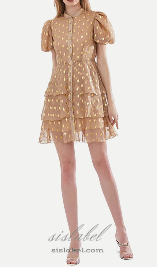 polka Dot Layered Print Mini Dress in kahki