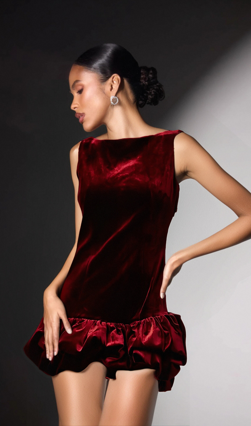 Marion red peplum-hem velvet mini dress