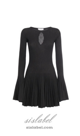 pleated wool knit long sleeve mini dress in black