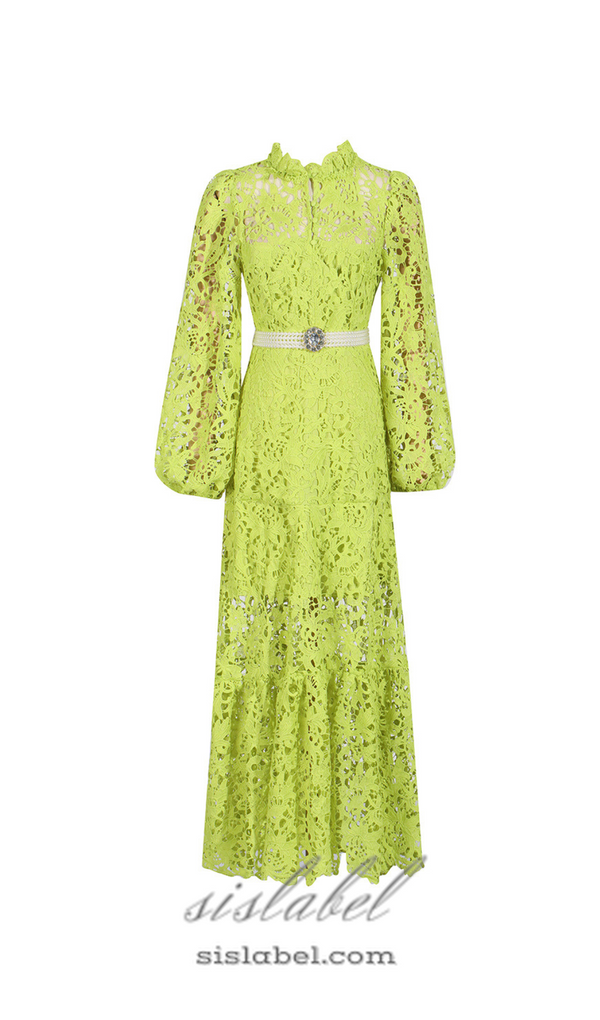 TARA GREEN LACE EMBROIDERED LONG SLEEVE MIDI DRESS