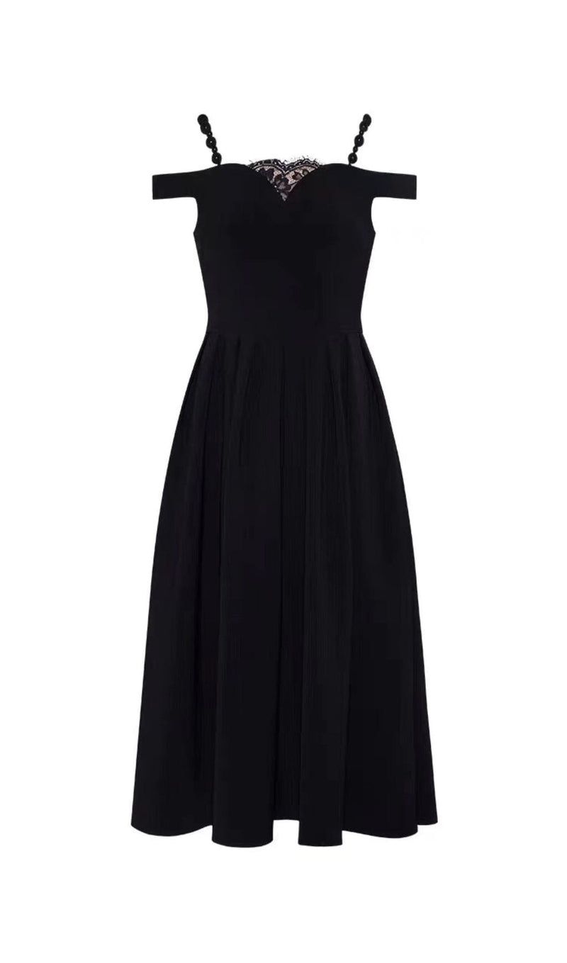 PEARL STRAP MIDI DRESS IN BLACK