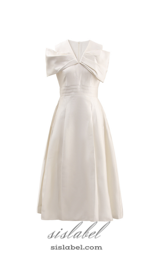 ALICE BEIGE WHITE PLEATED BOW OFF-SHOULDER MIDI DRESS