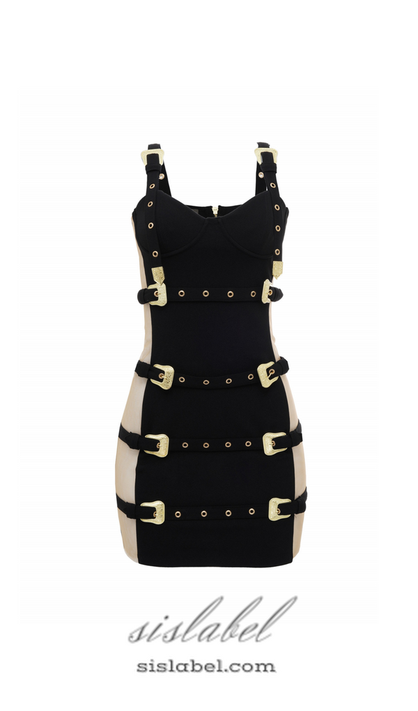 DARLENE BELT EMBELLISHED BODYCON MINI DRESS IN BLACK