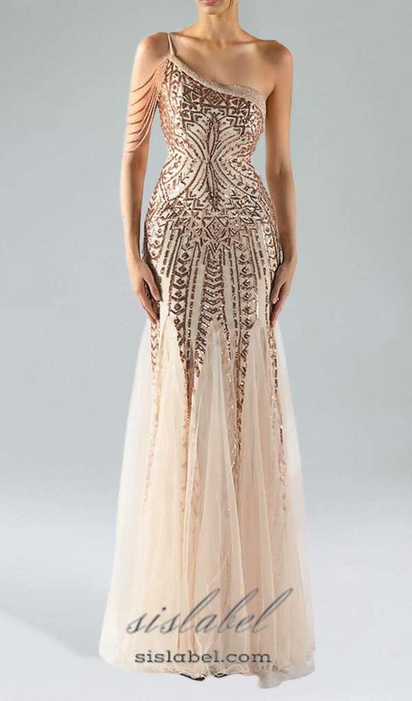 DEIRDRE GOLD ONE-SHOULDER SEQUINED FISHTAIL MAXI DRESS