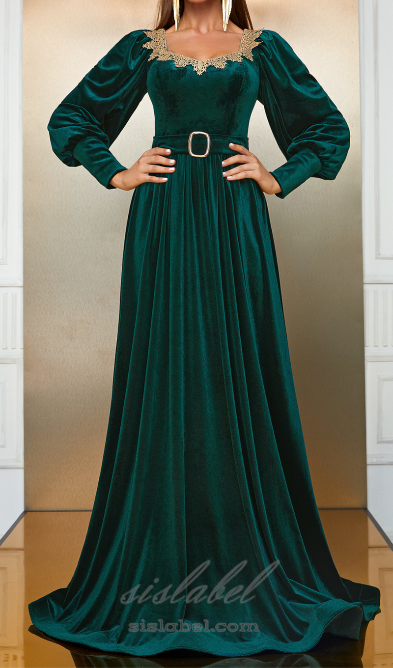 ATHENA VELVET LANTERN SLEEVE MAXI DRESS IN DARK GREEN