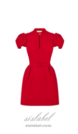 puff sleeve pleated mini dress in red (without black belt)