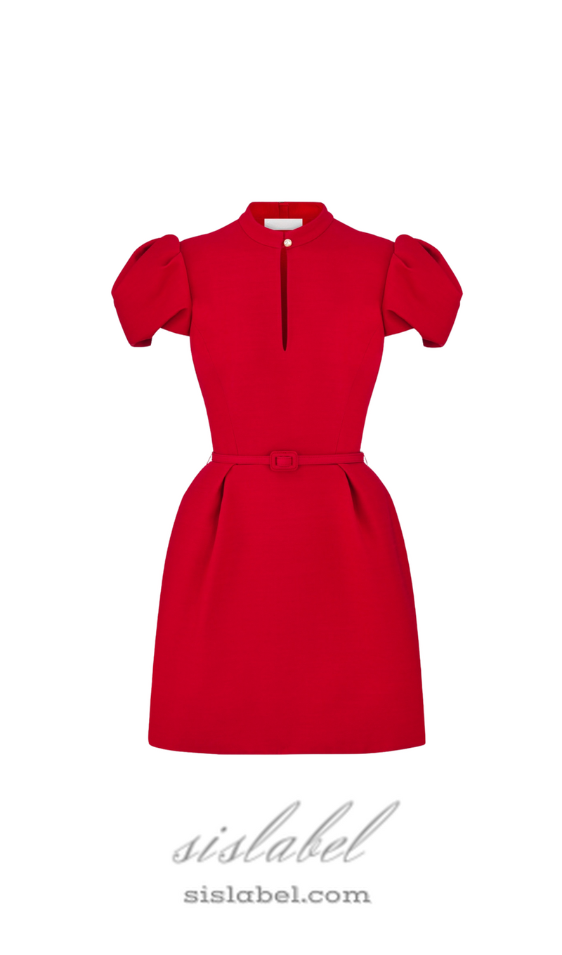 puff sleeve pleated mini dress in red (without black belt)