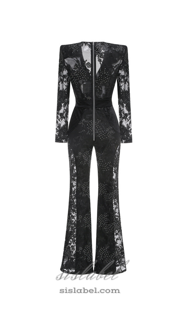 diamond three-dimensional flower jumpsuit in black