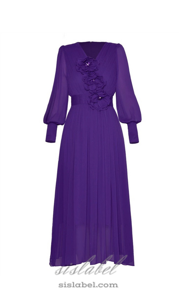 three-dimensional flower v-neck purple chiffon maxi dress