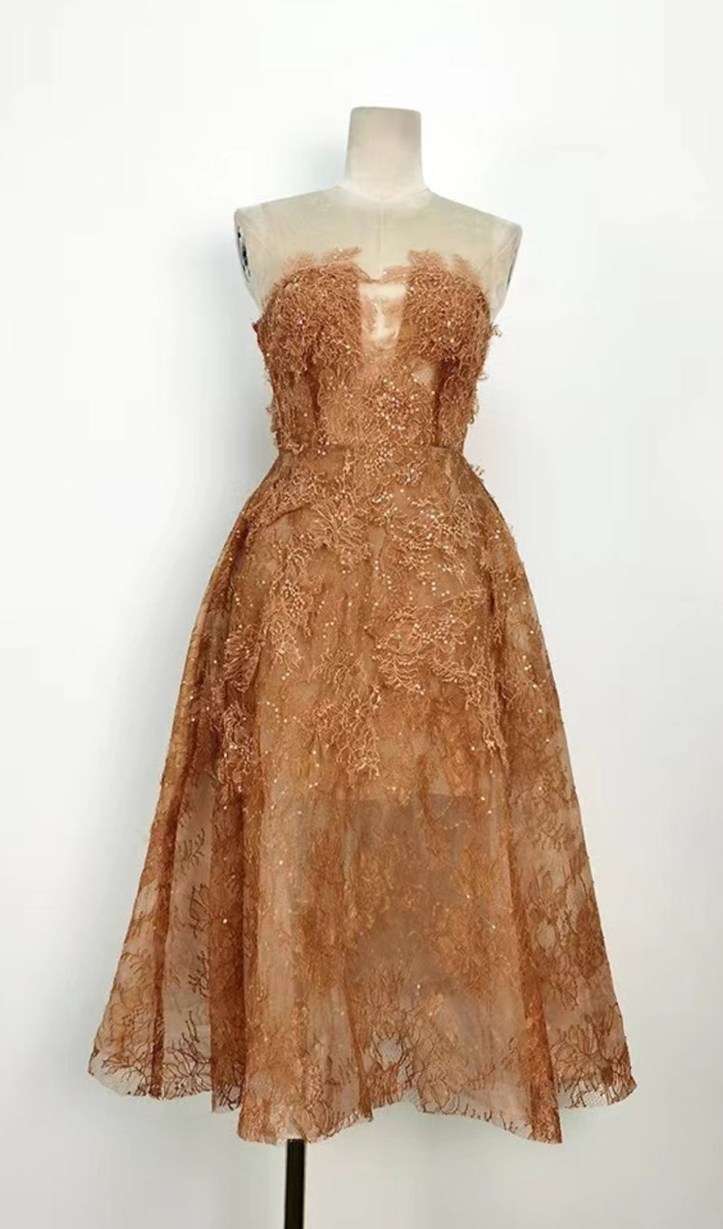 CARAMEL FLORAL LACE EMBROIDER MIDI DRESS