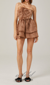 ALISA FLOWER TULLE STRAPLESS MINI DRESS IN BROWN