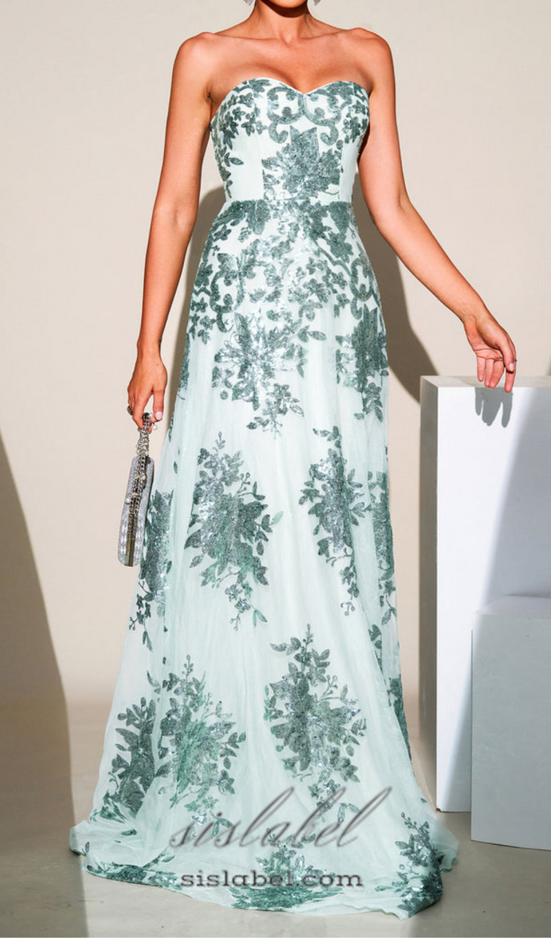 DINAH STRAPLESS SEQUIN A-LINE MAXI DRESS IN GREEN