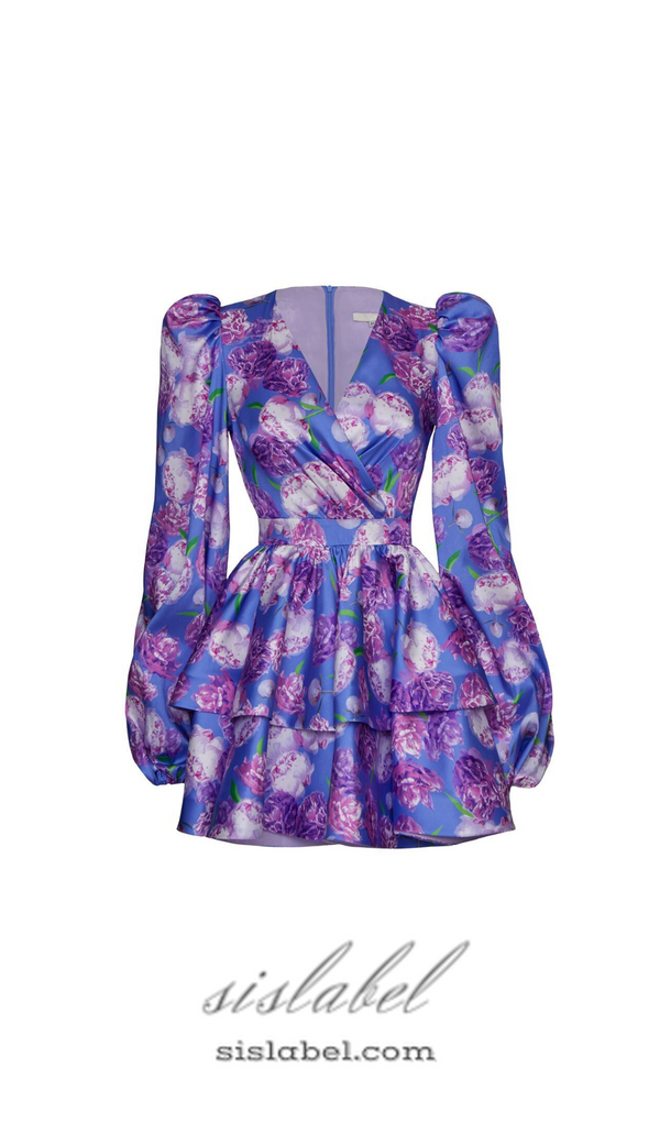 ARABELA BLUE FLORAL SATIN RUFFLE MINI DRESS