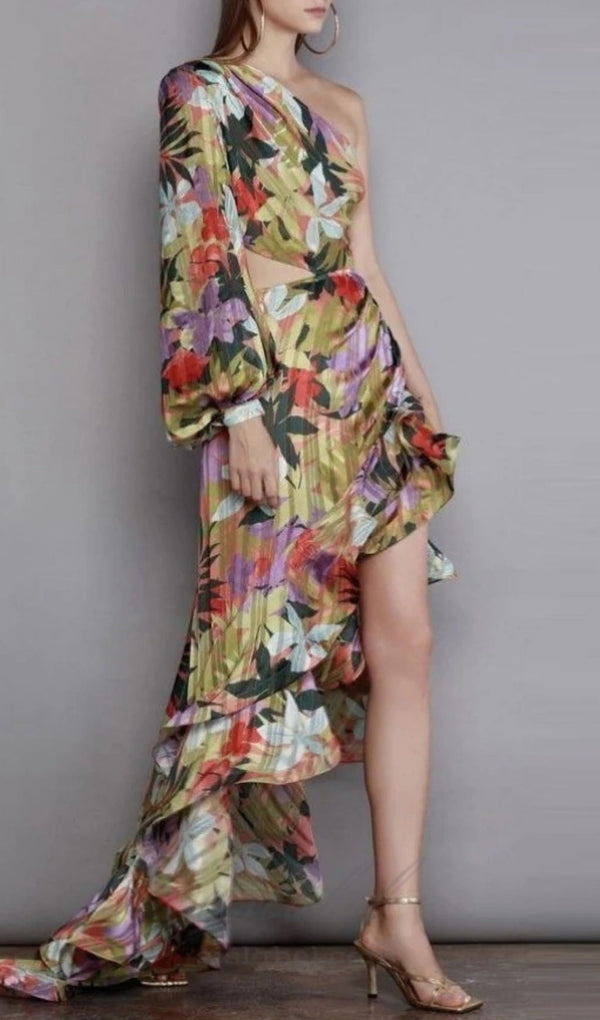 ONE SHOULDER RUFFLR TRIM PRINTED MAXI DRESS